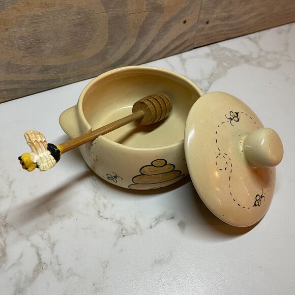 Honey Pot with Lid and Wooden Dipper with Bee Ceramic Beehive by Designpac Inc - Picture 3 of 4